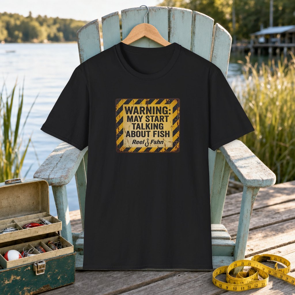 Warning: May Start Talking About Fish T-Shirt on a hanger on a seafoam fishing chair beside a lake, tackle box, and measuring tape