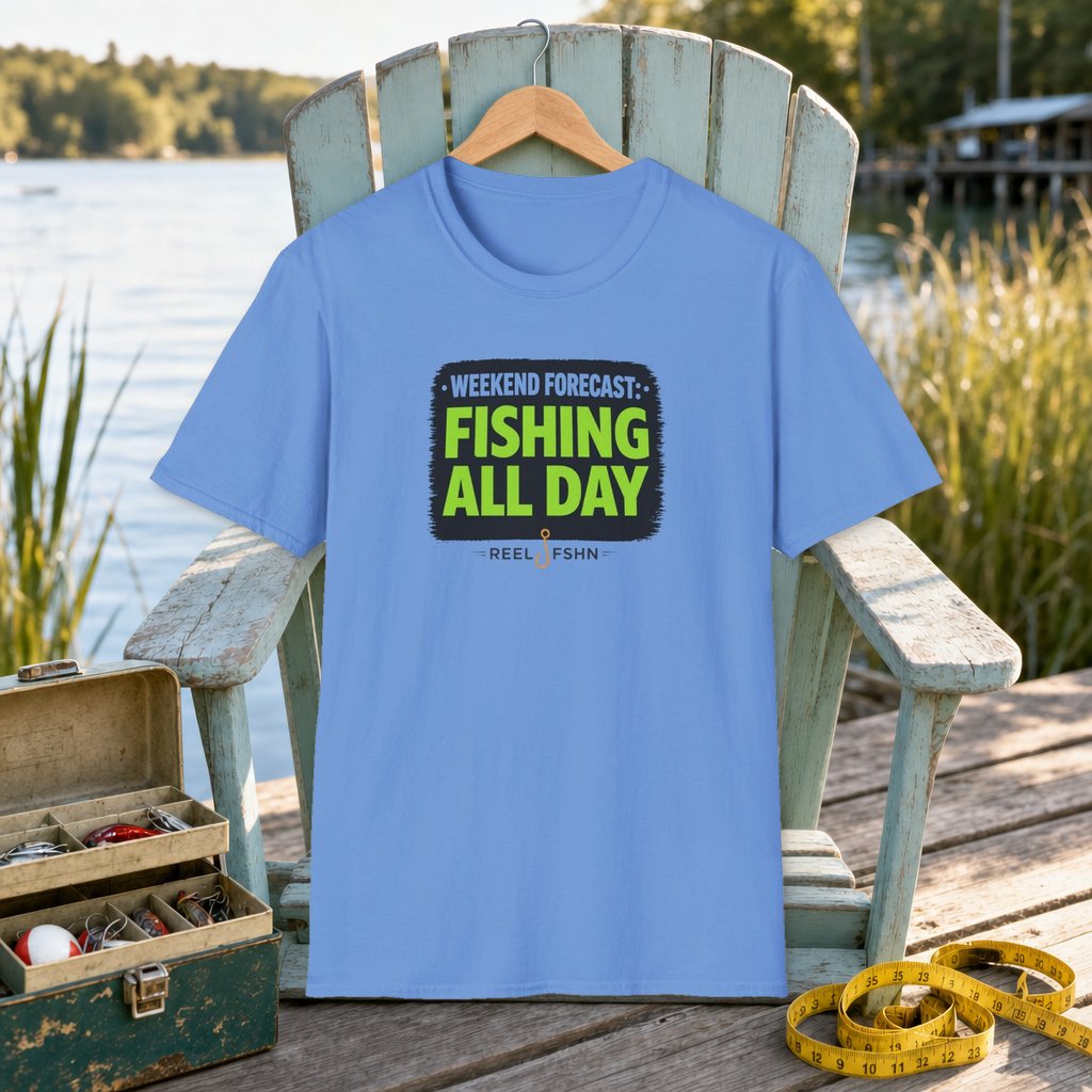 Weekend Forecast Fishing All Day T-Shirt on a hanger on a seafoam fishing chair beside a lake, tackle box, and measuring tape