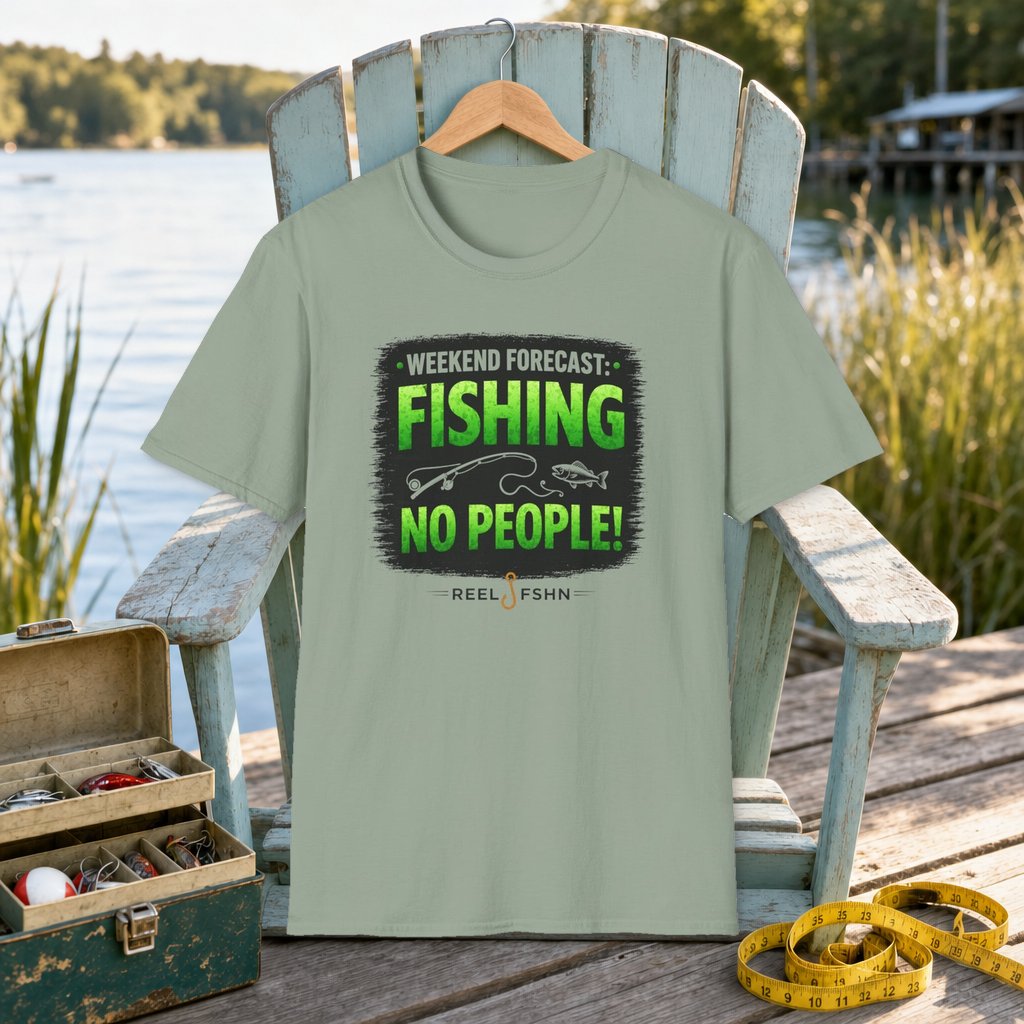Weekend Forecast: Fishing, No People T-Shirt on a hanger on a seafoam fishing chair beside a lake, tackle box, and measuring tape
