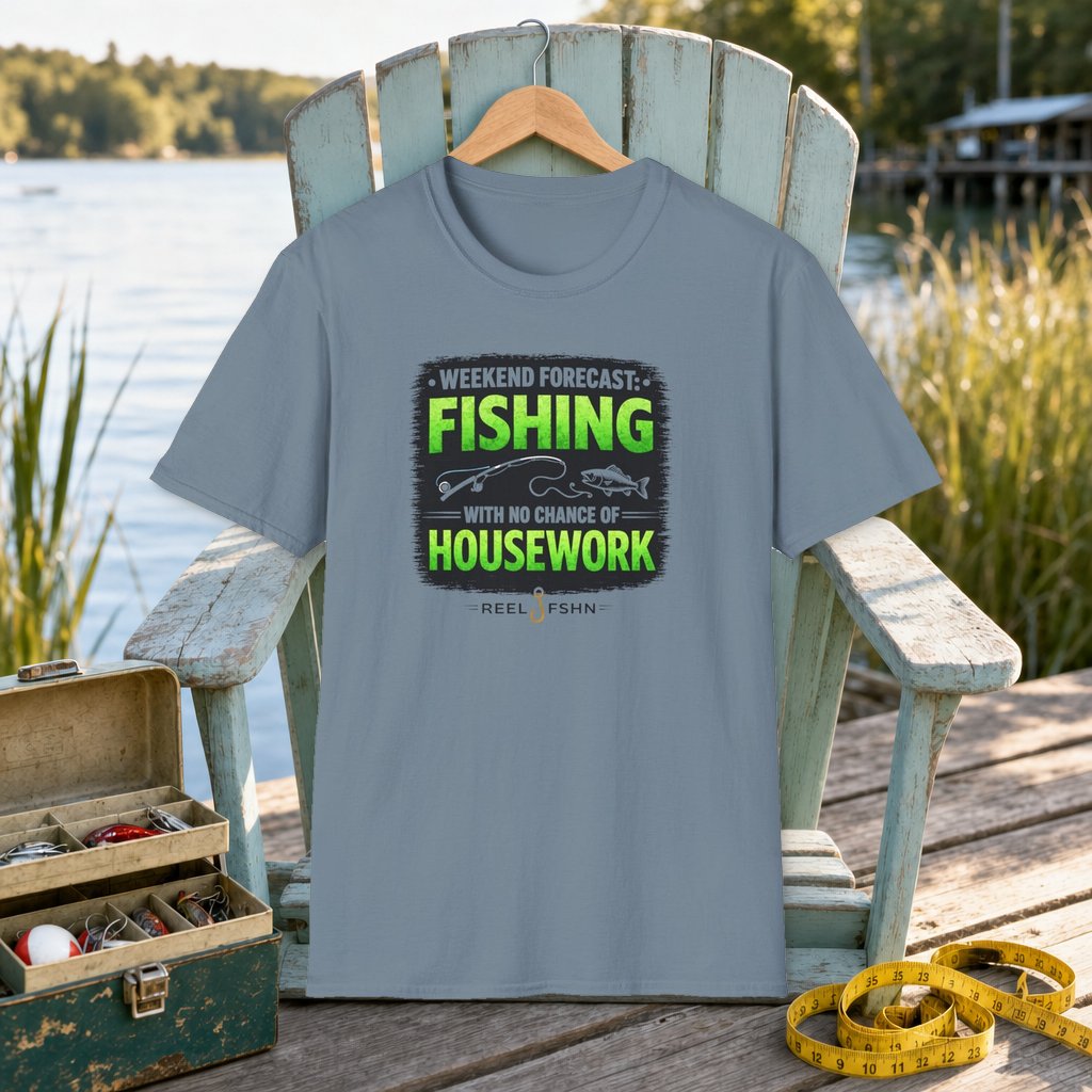 Weekend Forecast: Fishing with No Chance Of Housework T-Shirt on a hanger on a seafoam fishing chair beside a lake, tackle box, and measuring tape
