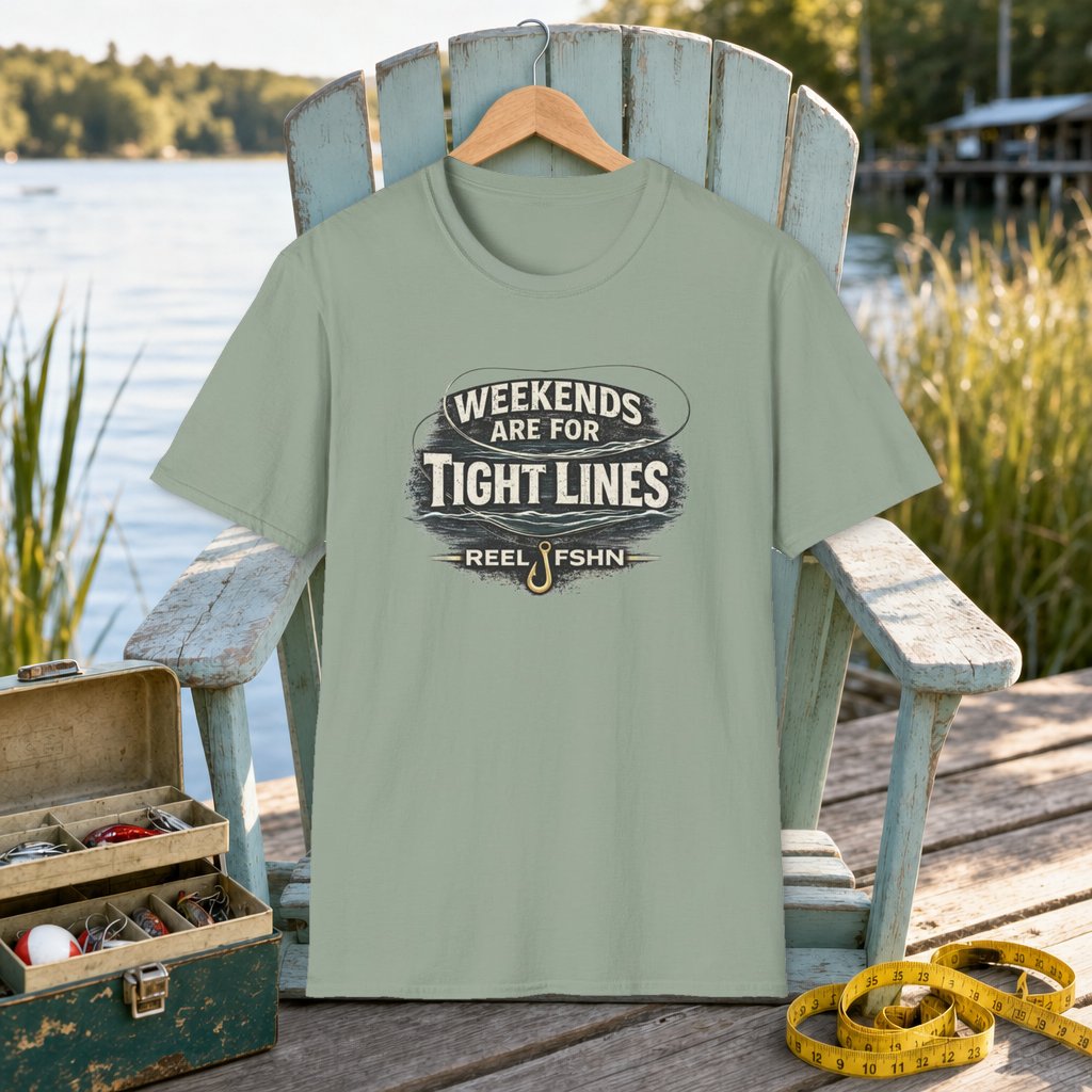 Weekends Are For Tight Lines T-Shirt on a hanger on a seafoam fishing chair beside a lake, tackle box, and measuring tape