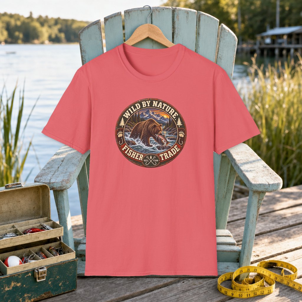 Wild By Nature. Fisher Trade. T-Shirt on a hanger on a seafoam fishing chair beside a lake, tackle box, and measuring tape