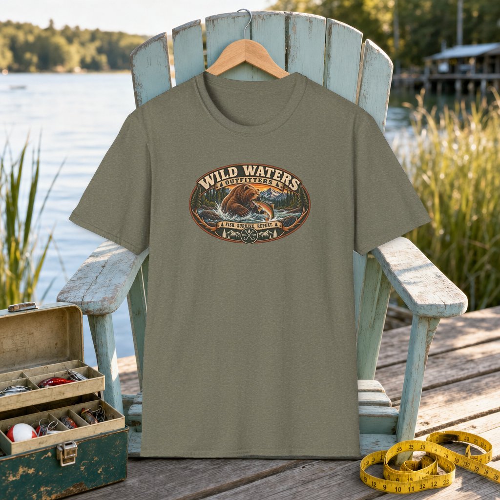 Wild Waters Outfitters T-Shirt on a hanger on a seafoam fishing chair beside a lake, tackle box, and measuring tape