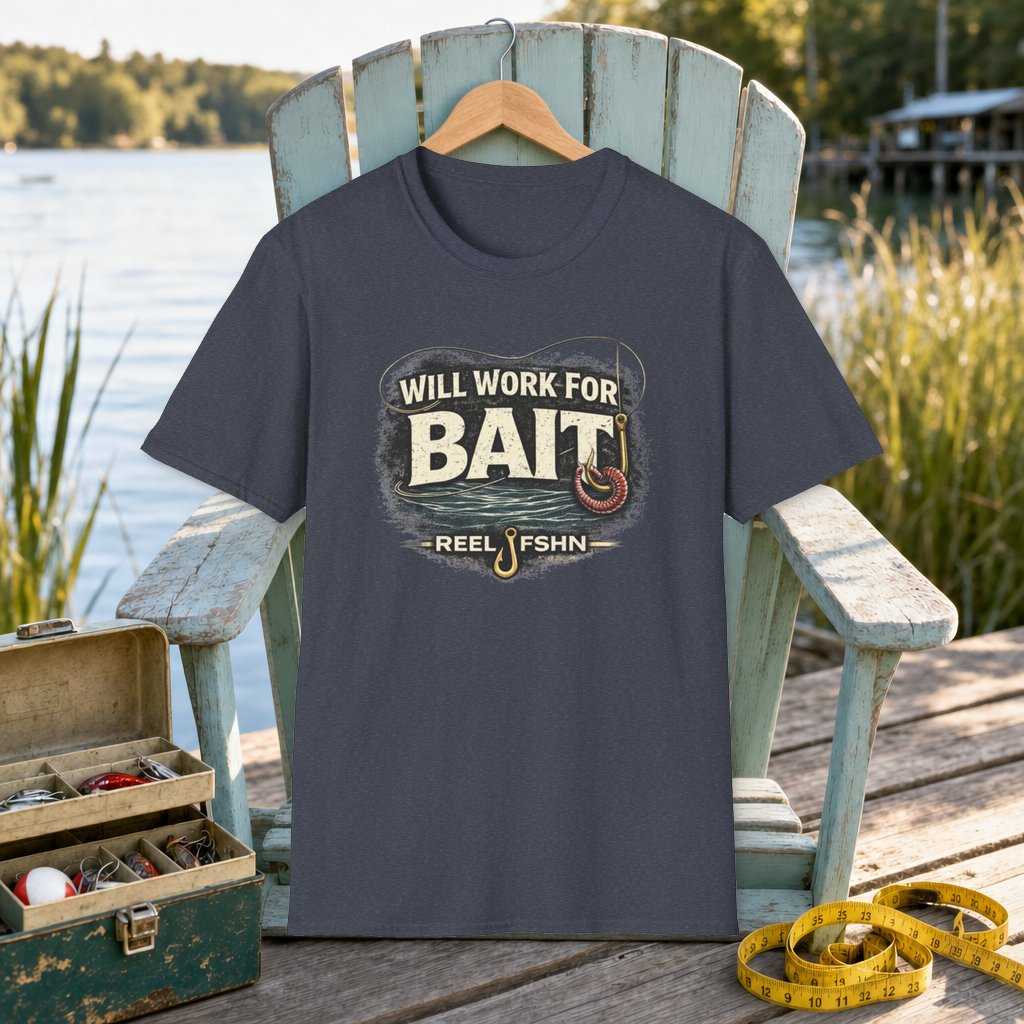Will Work For Bait T-Shirt on a hanger on a seafoam fishing chair beside a lake, tackle box, and measuring tape