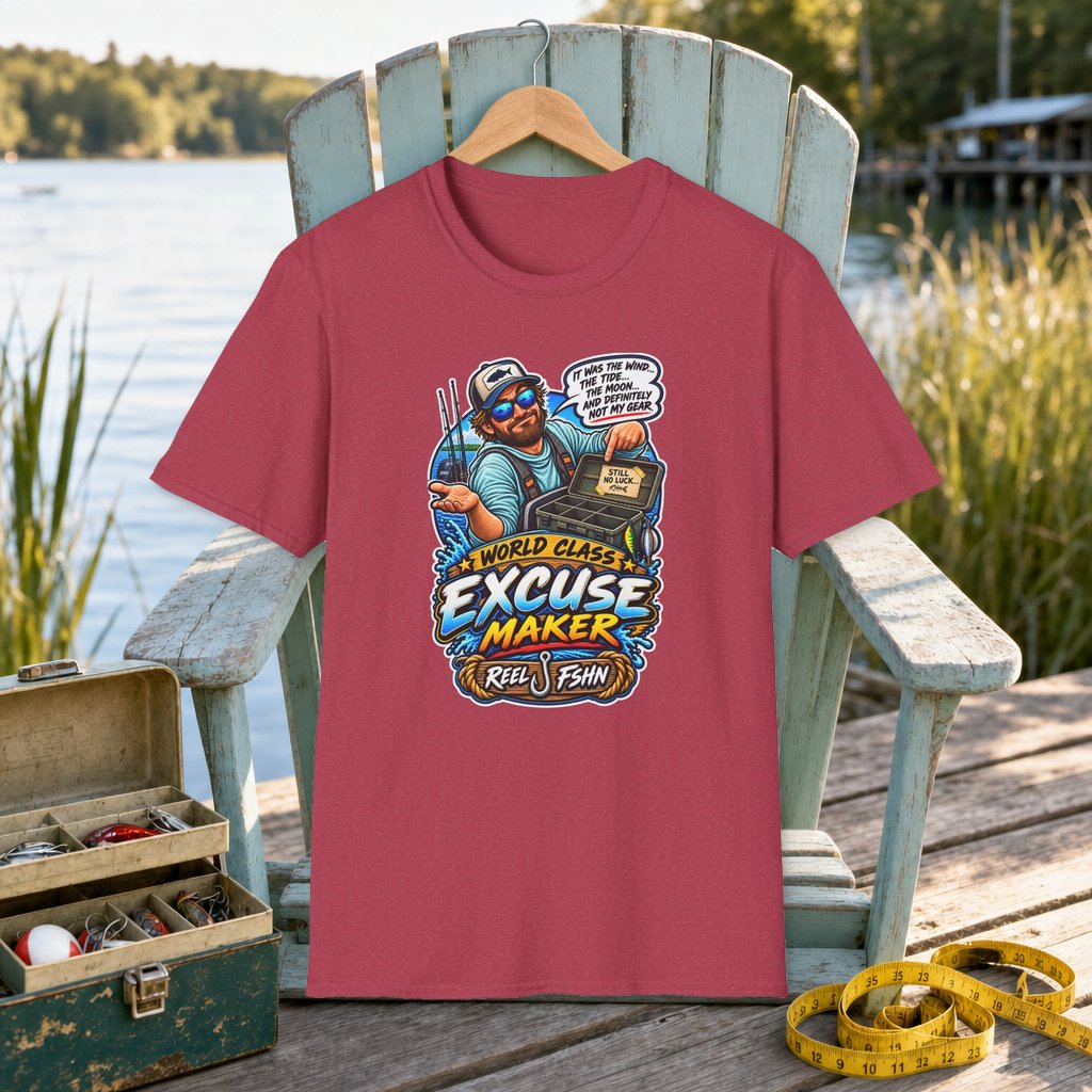World Class Excuse Maker T-Shirt on a hanger on a seafoam fishing chair beside a lake, tackle box, and measuring tape