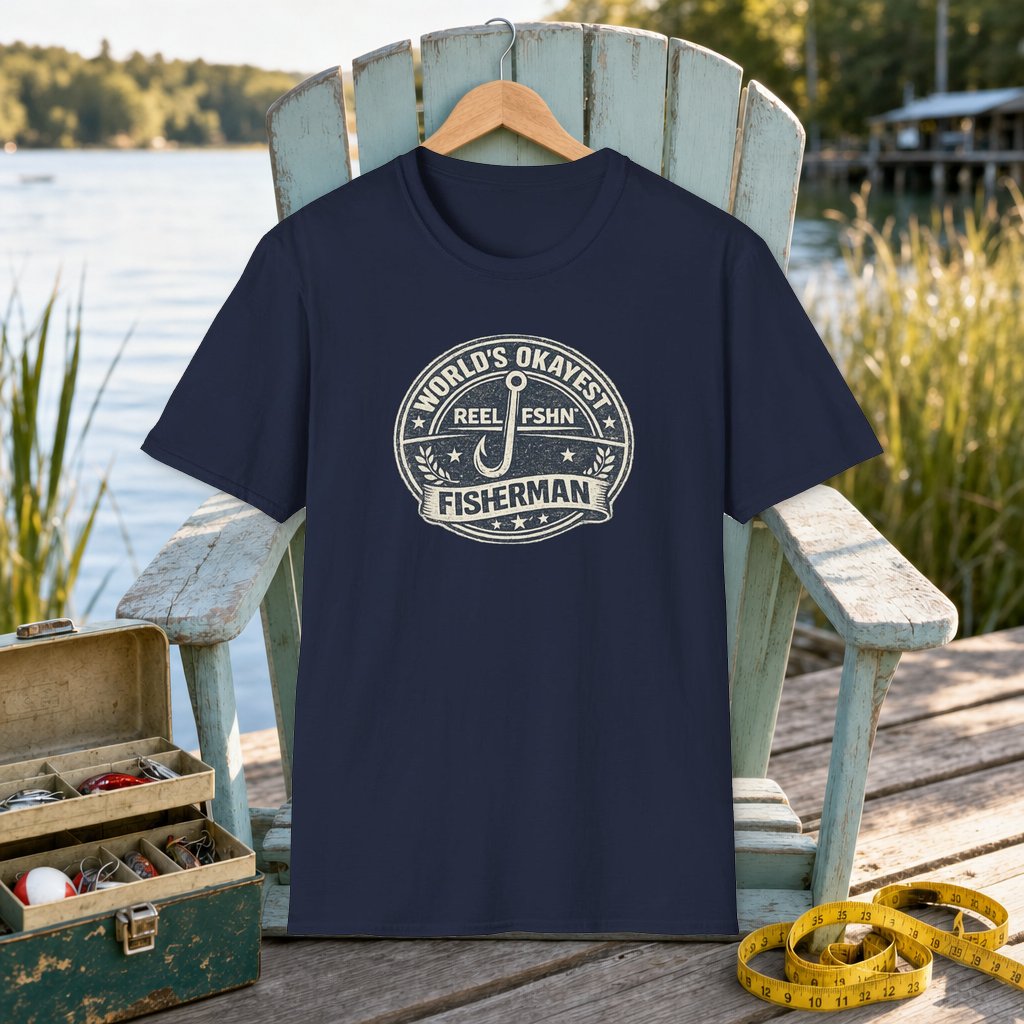 World's Okayest Fisherman T-Shirt on a hanger on a seafoam fishing chair beside a lake, tackle box, and measuring tape