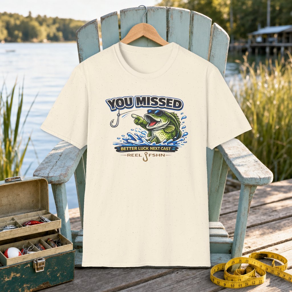 You Missed Better Luck Next Cast T-Shirt on a hanger on a seafoam fishing chair beside a lake, tackle box, and measuring tape