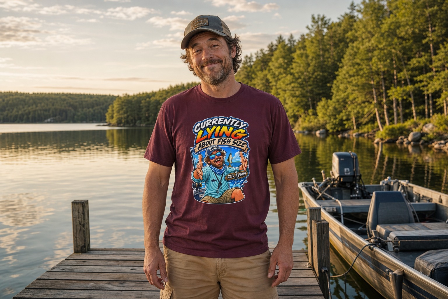 Man wearing the burgundy Currently Lying About Fish Size T-shirt on a lakeside dock beside a fishing boat