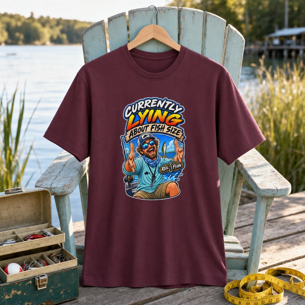 Currently Lying About Fish Size T-Shirt on a hanger on a seafoam fishing chair beside a lake, tackle box, and measuring tape