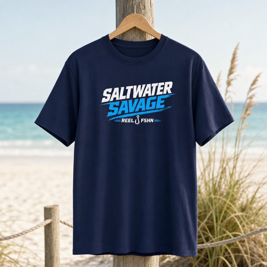Saltwater Savage T-Shirt on a hanger beside a sandy beach and turquoise coastal water