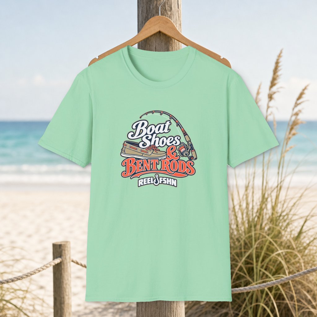 Boat Shoes & Bent Rods T-Shirt on a hanger beside a sandy beach and turquoise coastal water