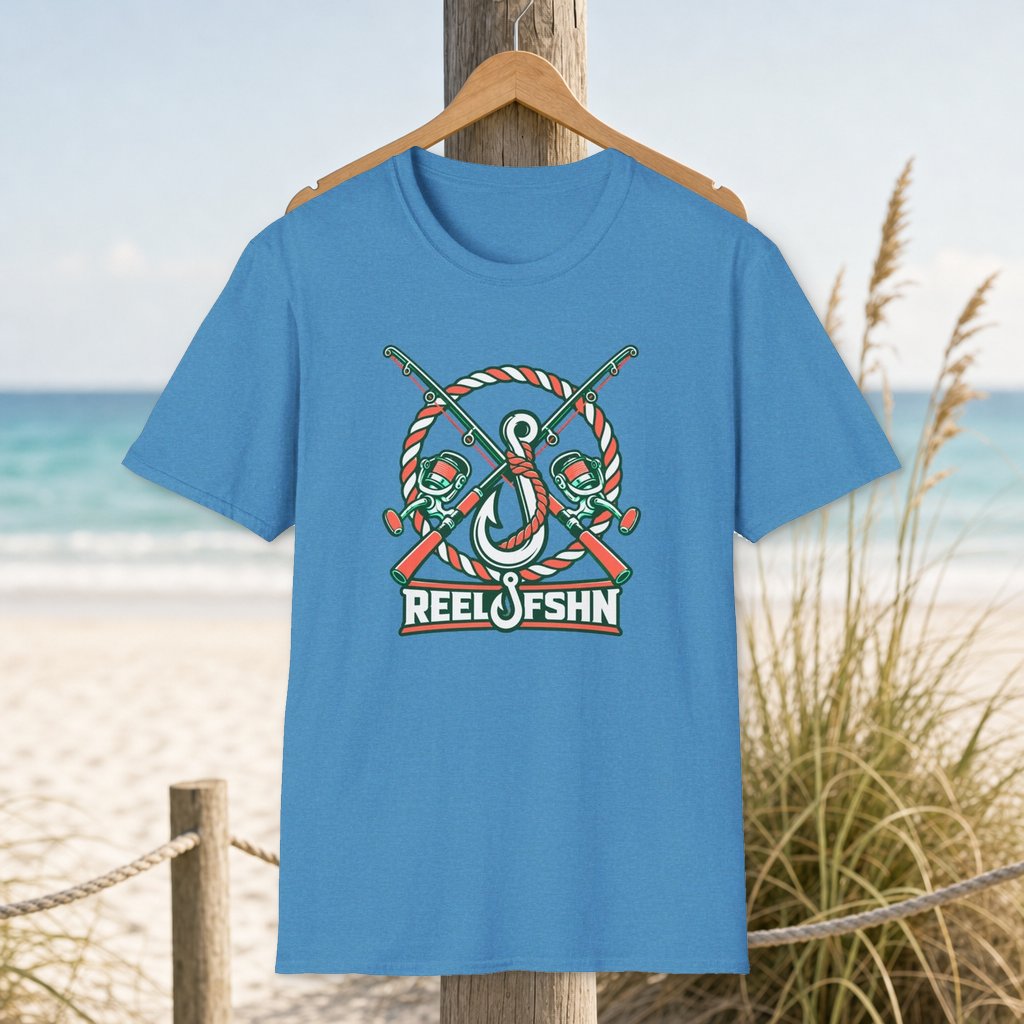 Crossed Rods with Anchor T-Shirt on a hanger beside a sandy beach and turquoise coastal water