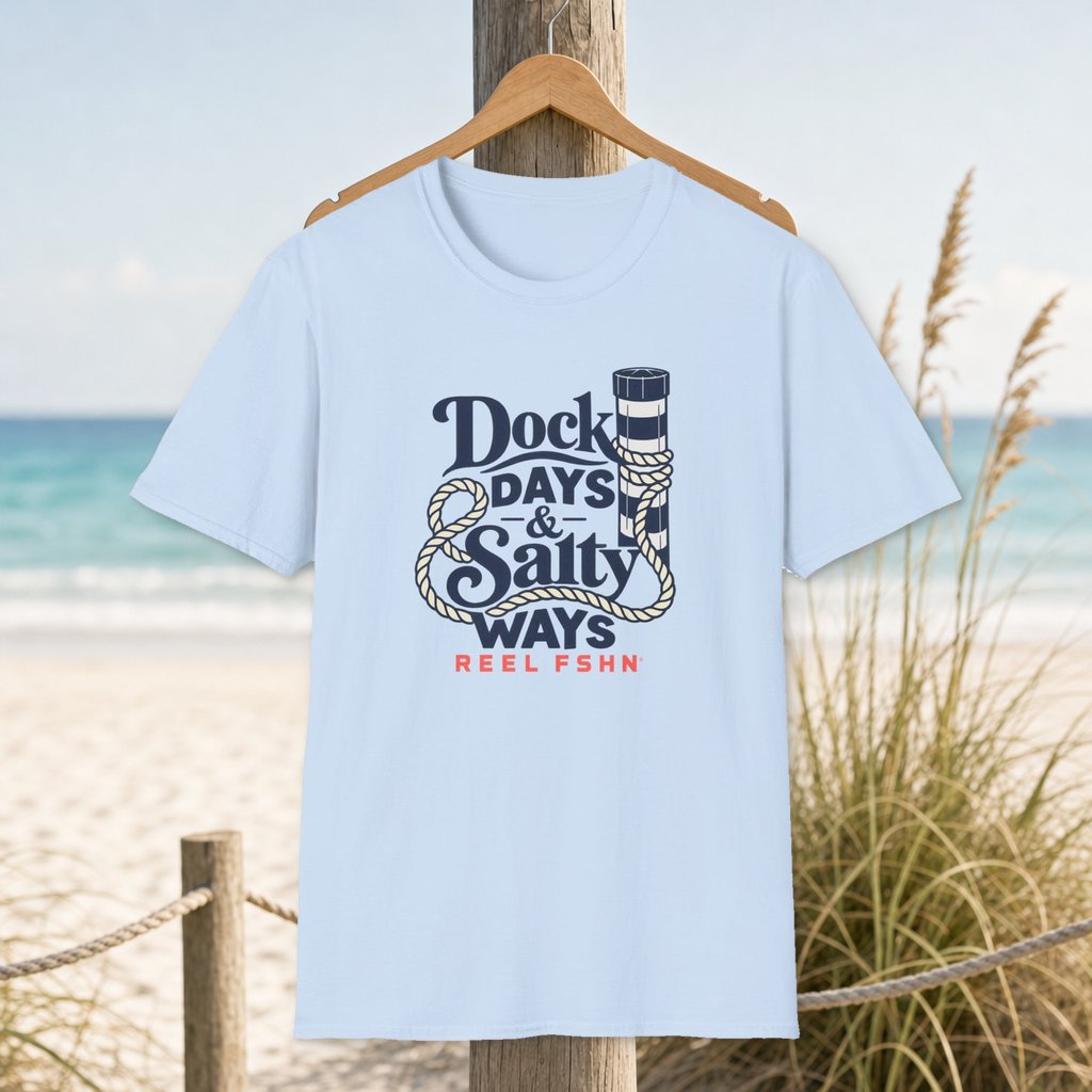 Dock Days & Salty Ways T-Shirt on a hanger beside a sandy beach and turquoise coastal water
