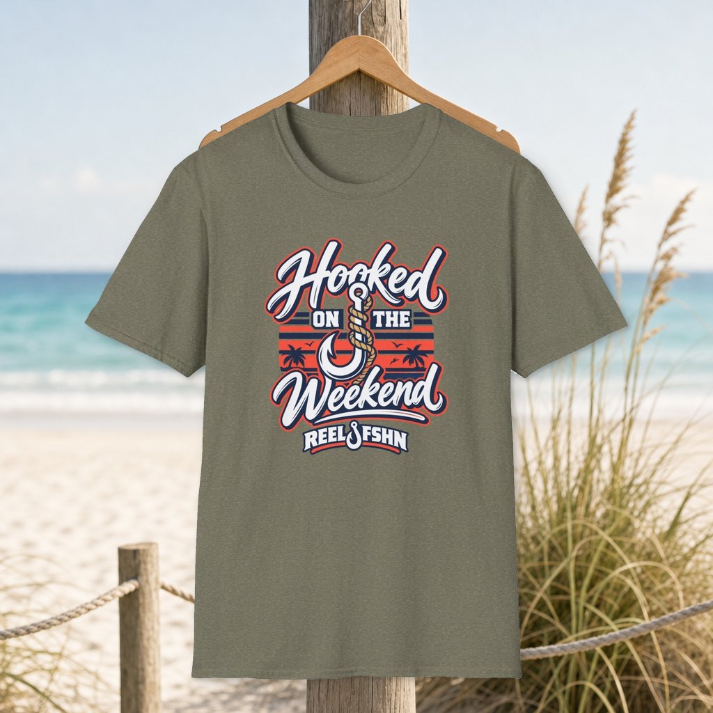 Hooked On The Weekend T-Shirt on a hanger beside a sandy beach and turquoise coastal water