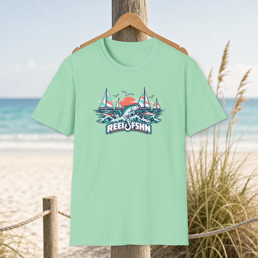 Sailboats with Logo T-Shirt on a hanger beside a sandy beach and turquoise coastal water