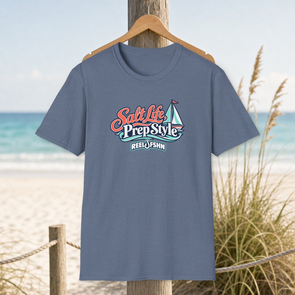 Salt Life Prep Style T-Shirt on a hanger beside a sandy beach and turquoise coastal water