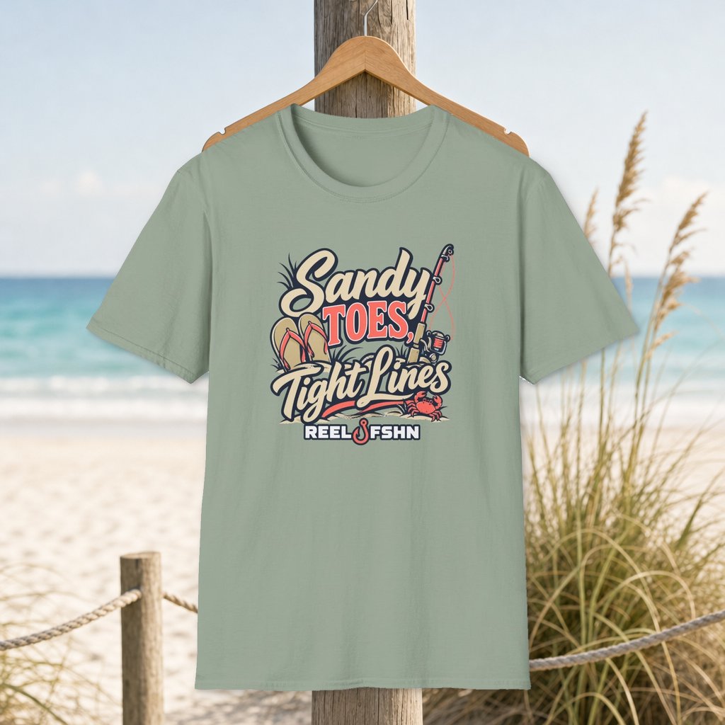 Sandy Toes Tight Lines T-Shirt on a hanger beside a sandy beach and turquoise coastal water