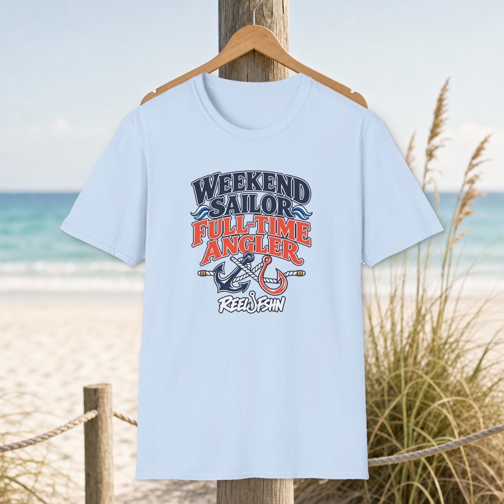 Weekend Sailor, Full Time Angler T-Shirt on a hanger beside a sandy beach and turquoise coastal water