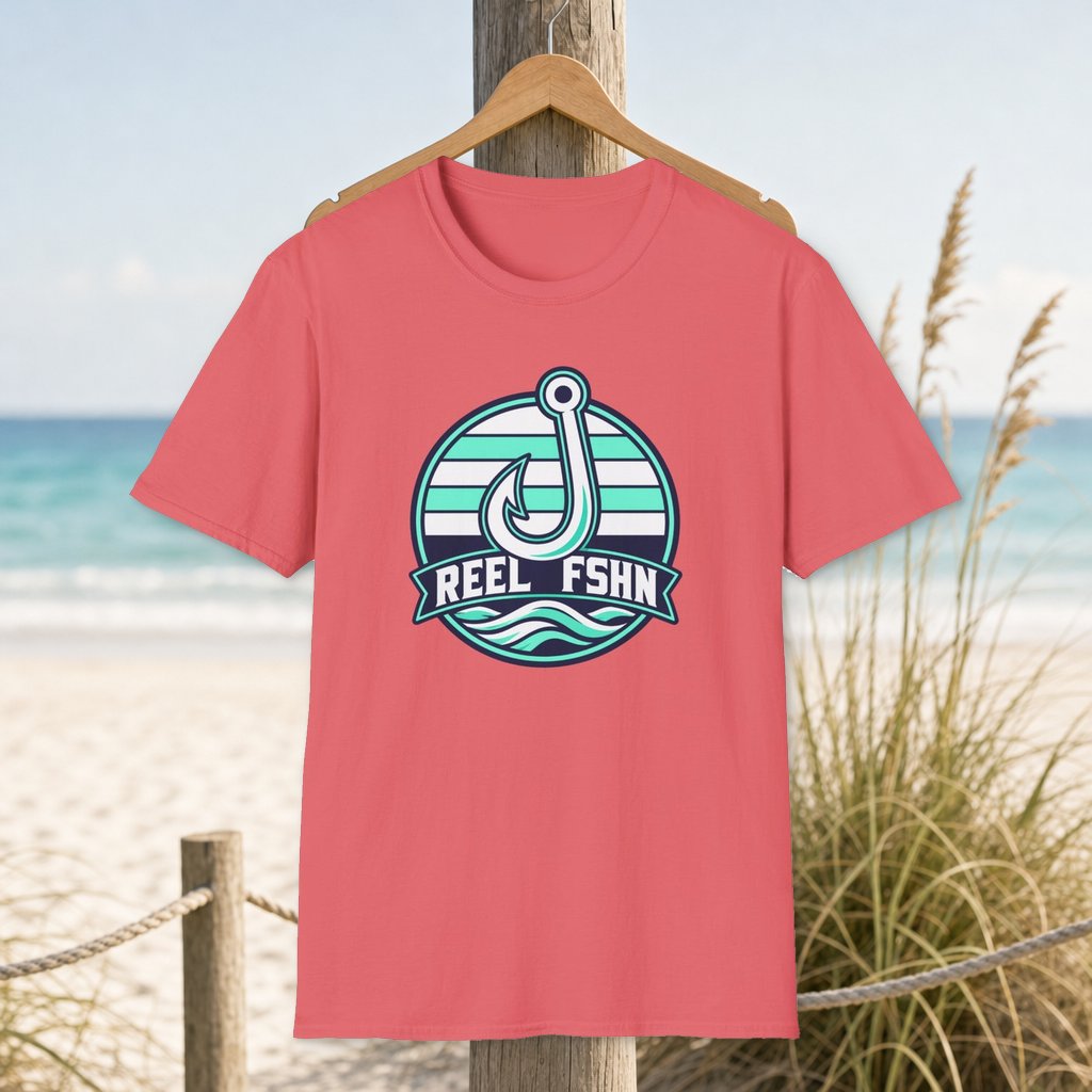 White & Seafoam Hook T-Shirt on a hanger beside a sandy beach and turquoise coastal water