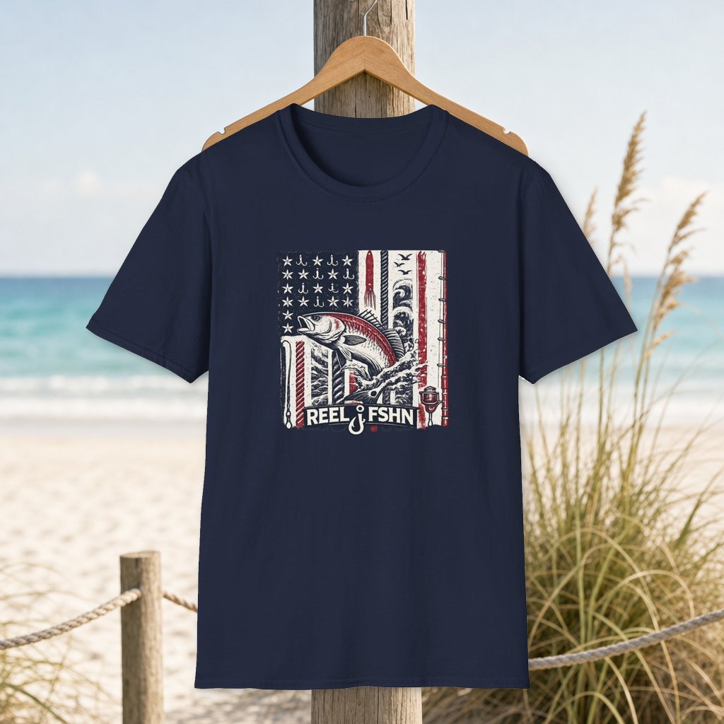 American flag with Tuna T-Shirt on a hanger beside a sandy beach and turquoise coastal water