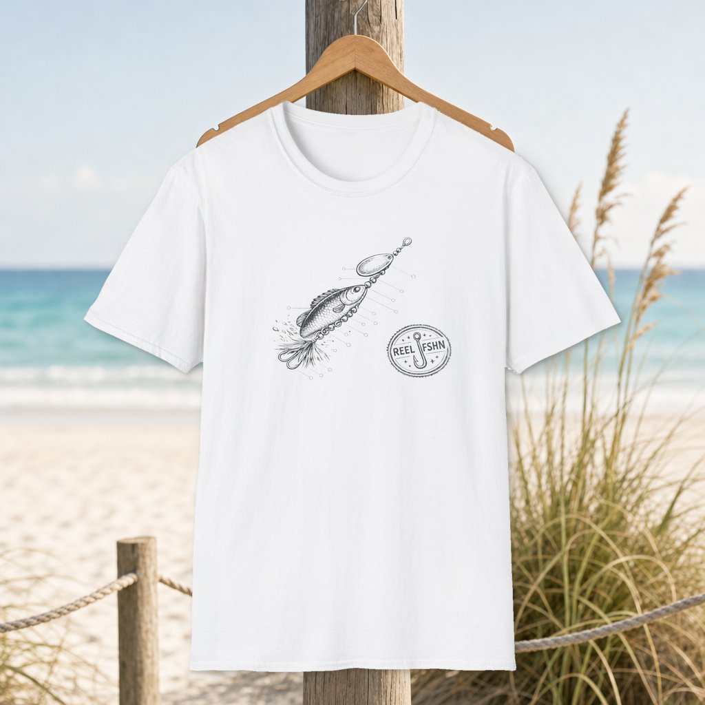Anatomy Of A Lure T-Shirt on a hanger beside a sandy beach and turquoise coastal water