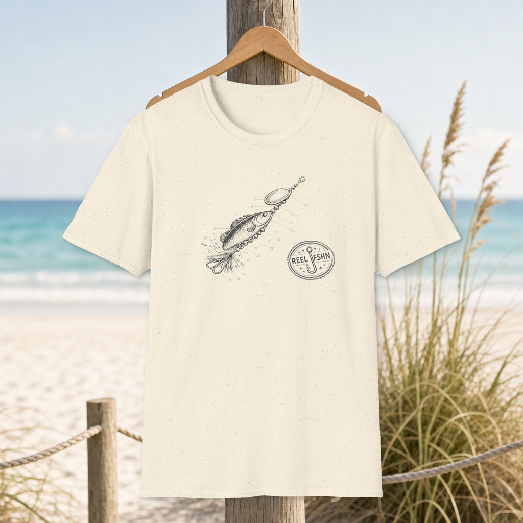 Anatomy Of A Lure T-Shirt on a hanger beside a sandy beach and turquoise coastal water