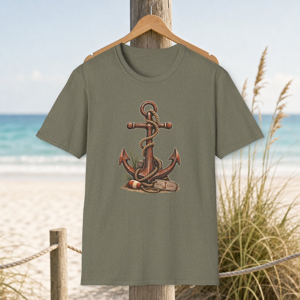 Anchor & Rope T-Shirt on a hanger beside a sandy beach and turquoise coastal water