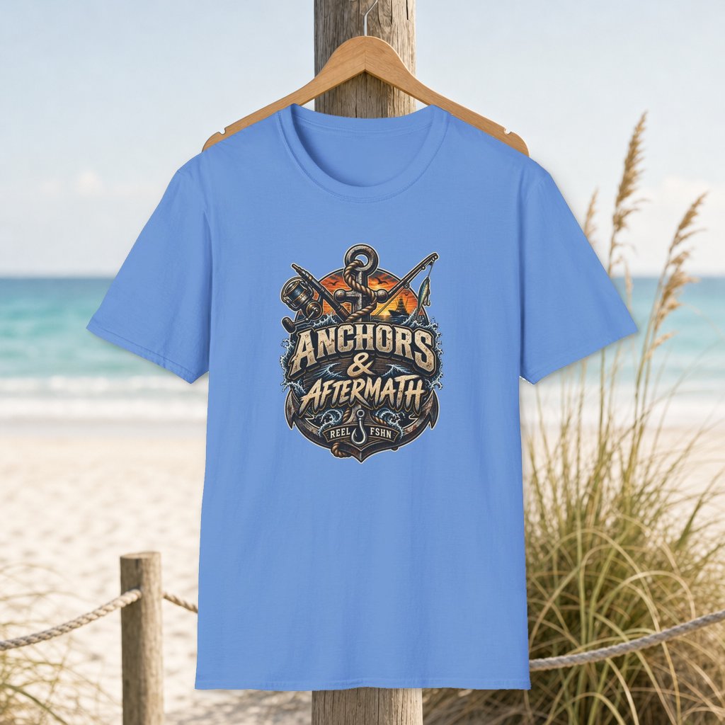 Anchors & Aftermath T-Shirt on a hanger beside a sandy beach and turquoise coastal water