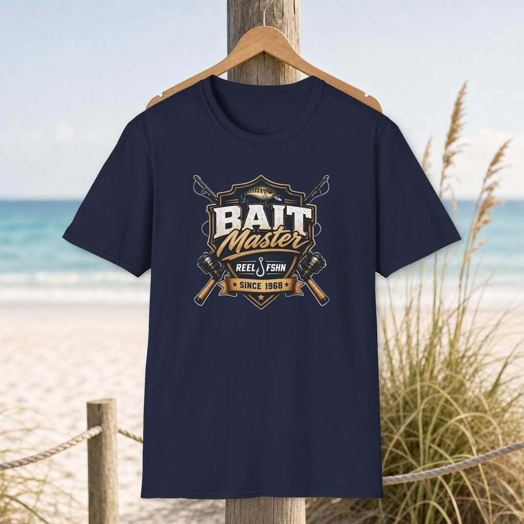 Bait Master Since 1968 T-Shirt on a hanger beside a sandy beach and turquoise coastal water