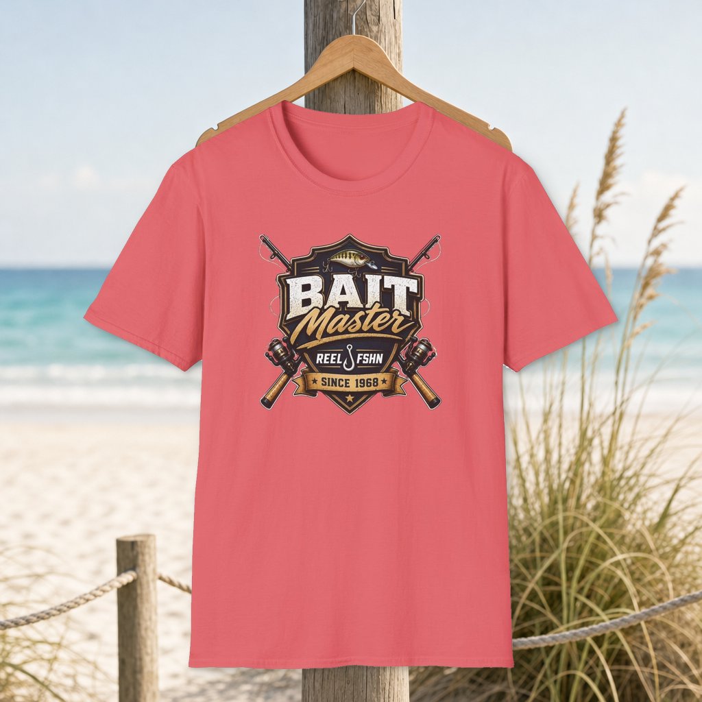 Bait Master Since 1968 T-Shirt on a hanger beside a sandy beach and turquoise coastal water