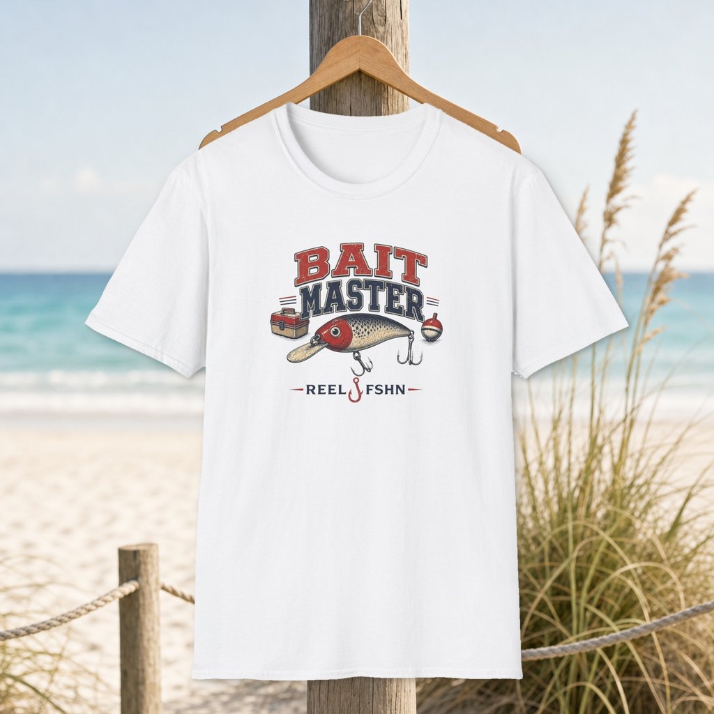 Bait Master T-Shirt on a hanger beside a sandy beach and turquoise coastal water