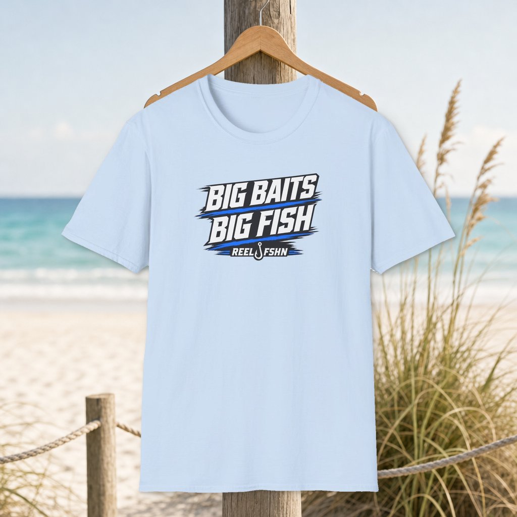 Big Baits Big Fish T-Shirt on a hanger beside a sandy beach and turquoise coastal water