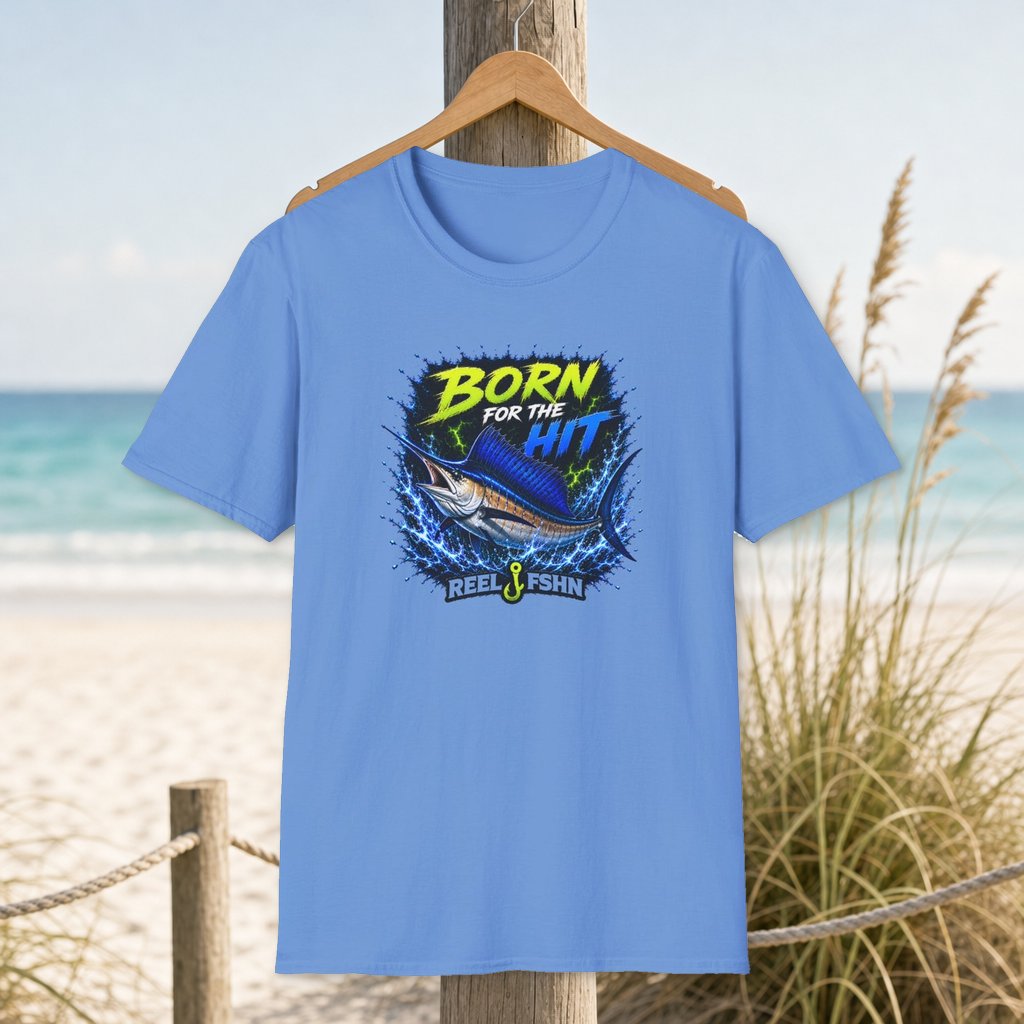 Born For The Hit  T-Shirt on a hanger beside a sandy beach and turquoise coastal water