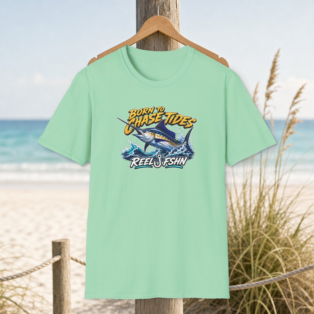 Born To Chase Tides T-Shirt on a hanger beside a sandy beach and turquoise coastal water
