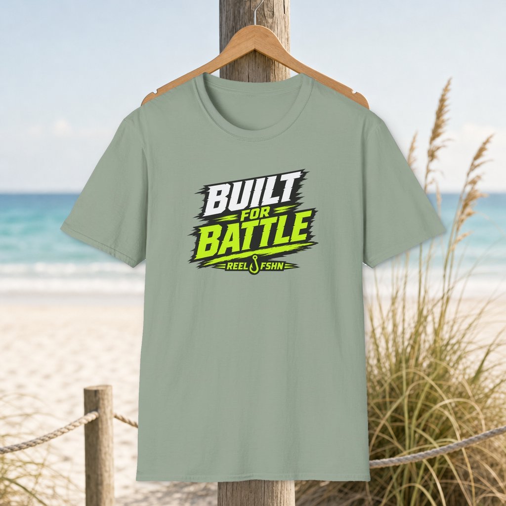 Built For Battle T-Shirt on a hanger beside a sandy beach and turquoise coastal water