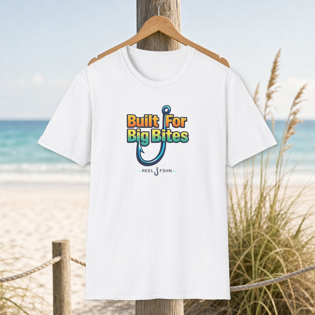 Built For Big Bites T-Shirt on a hanger beside a sandy beach and turquoise coastal water