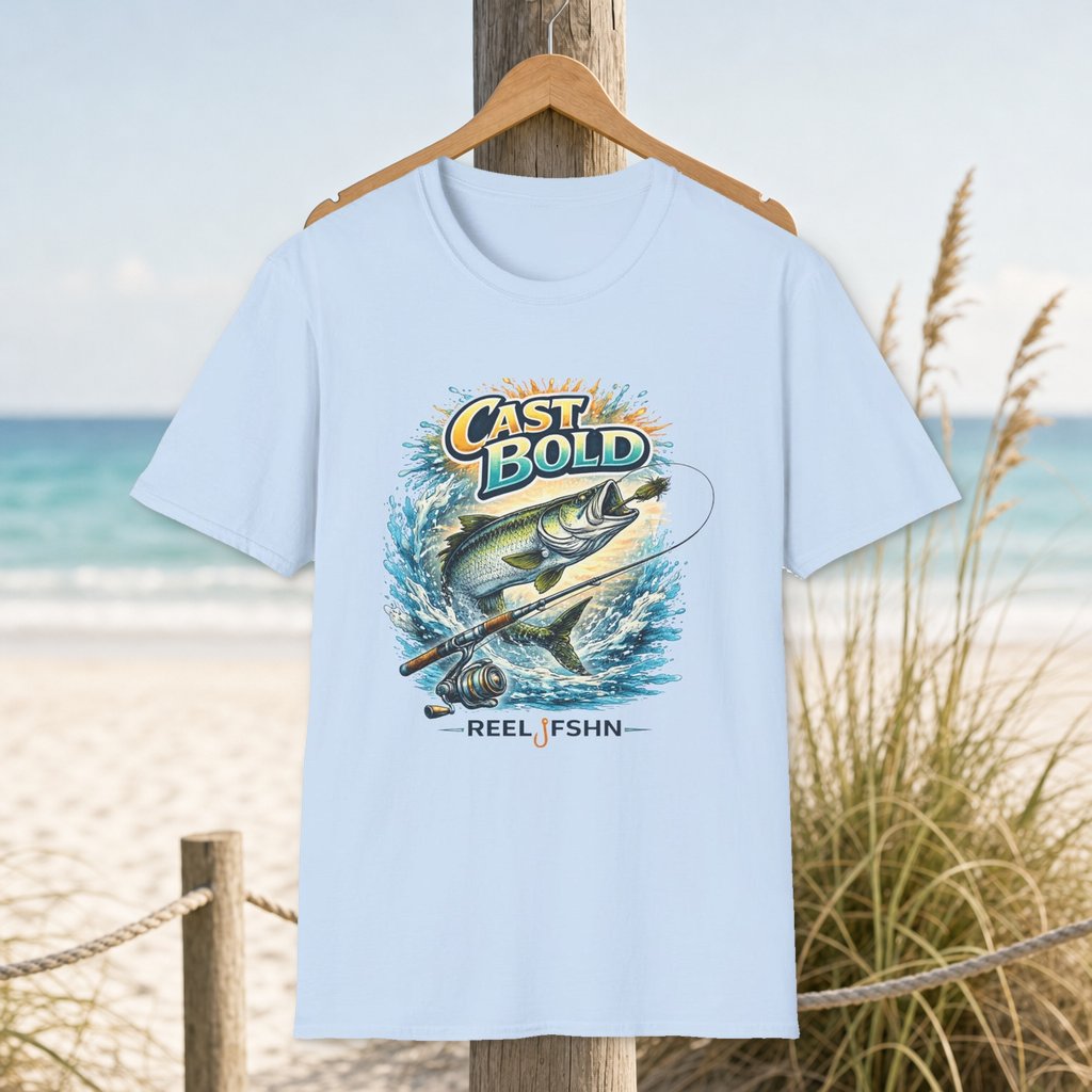 "Cast Bold" T-Shirt on a hanger beside a sandy beach and turquoise coastal water