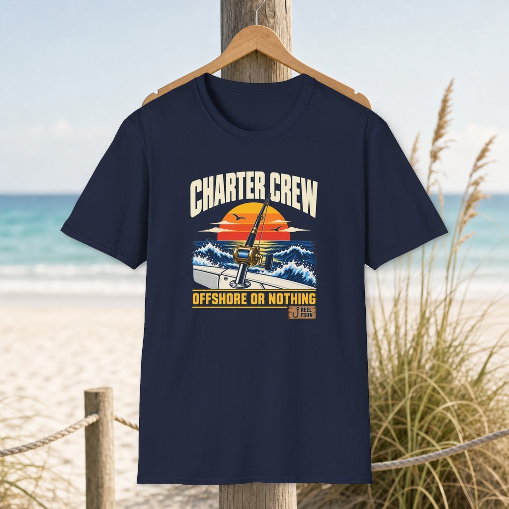 Charter Crew Offshore or Nothing T-Shirt on a hanger beside a sandy beach and turquoise coastal water