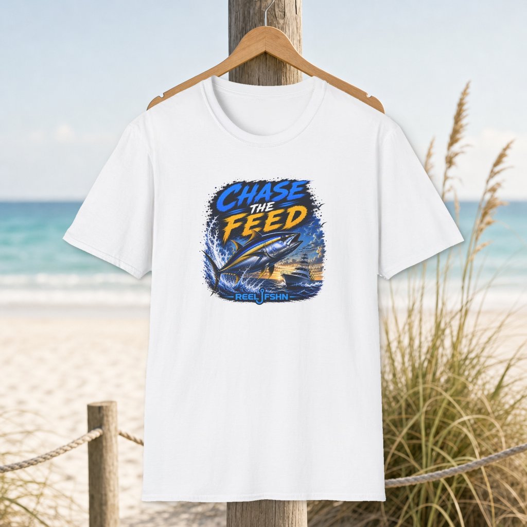 Chase The Feed T-Shirt on a hanger beside a sandy beach and turquoise coastal water