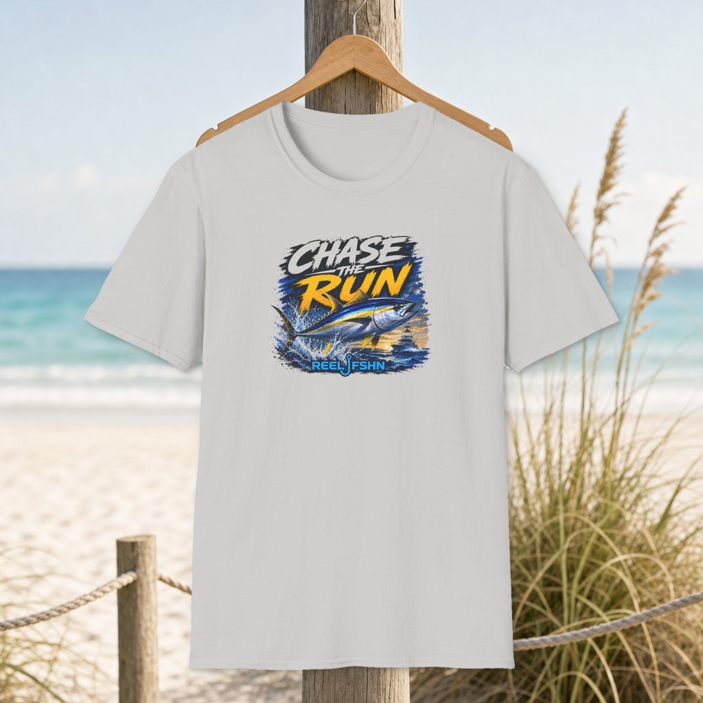 Chase The Run T-Shirt on a hanger beside a sandy beach and turquoise coastal water