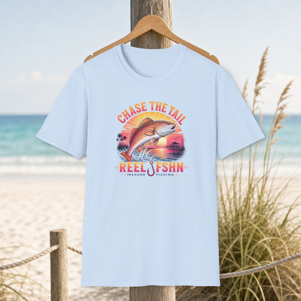 Chase The Tail T-Shirt on a hanger beside a sandy beach and turquoise coastal water
