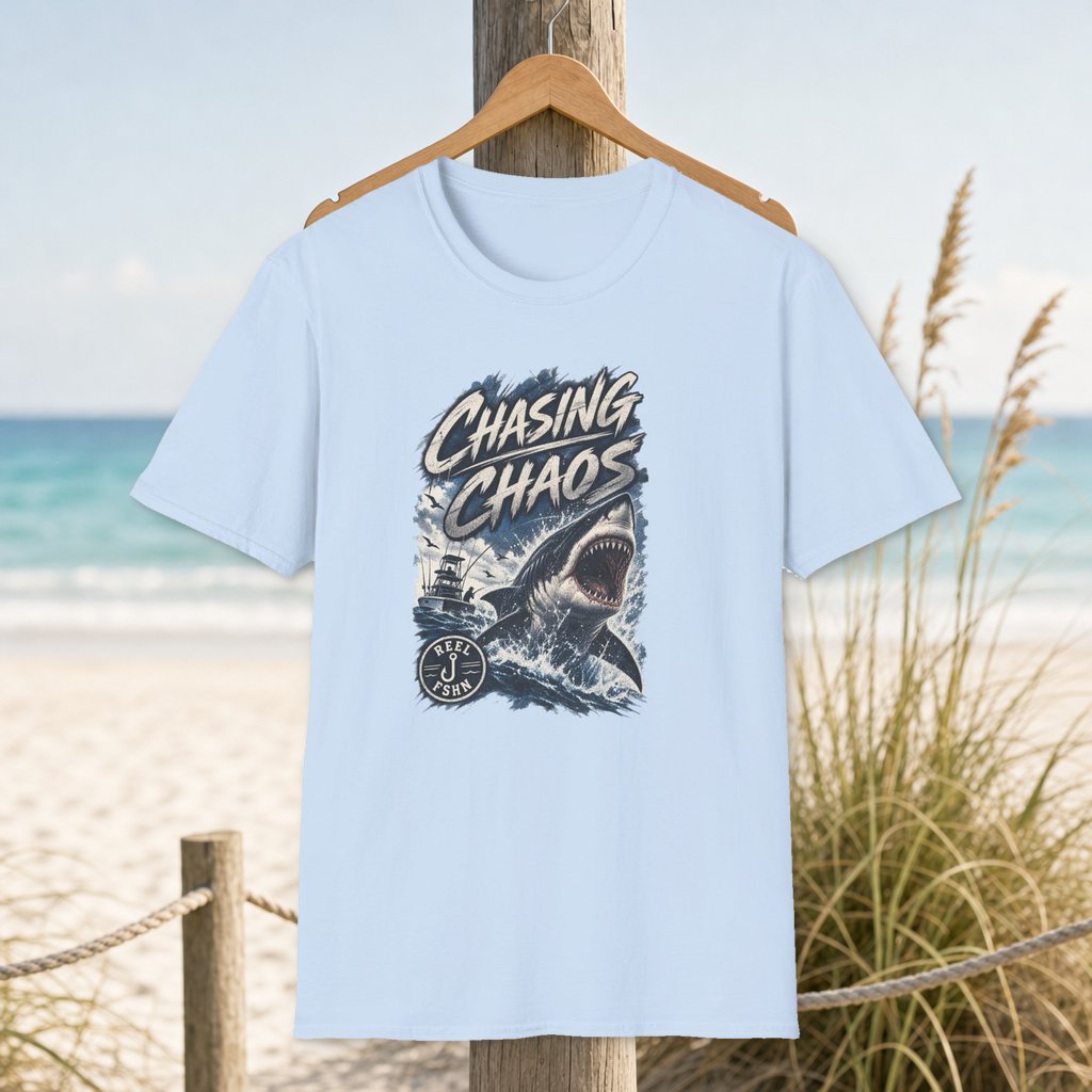 Chasing Chaos (Shark) T-Shirt on a hanger beside a sandy beach and turquoise coastal water