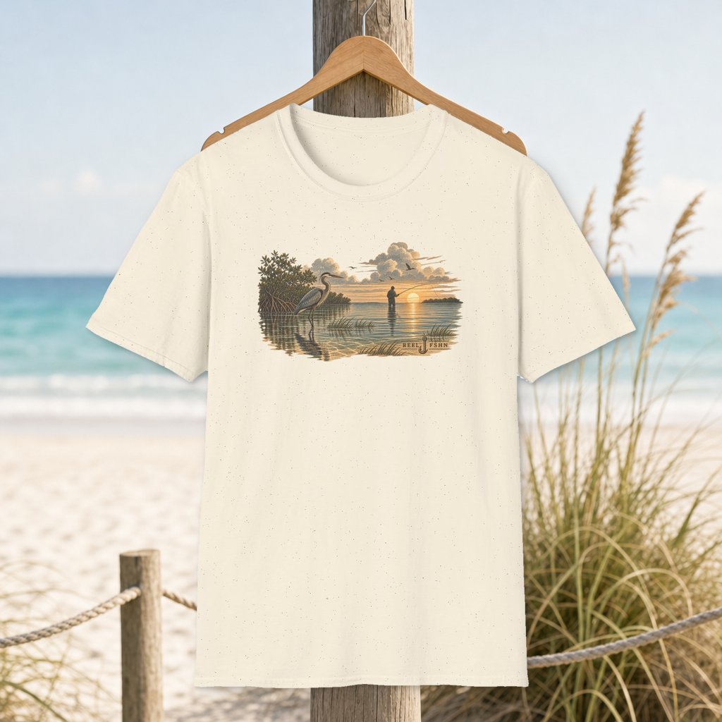 Crane & Fisherman T-Shirt on a hanger beside a sandy beach and turquoise coastal water