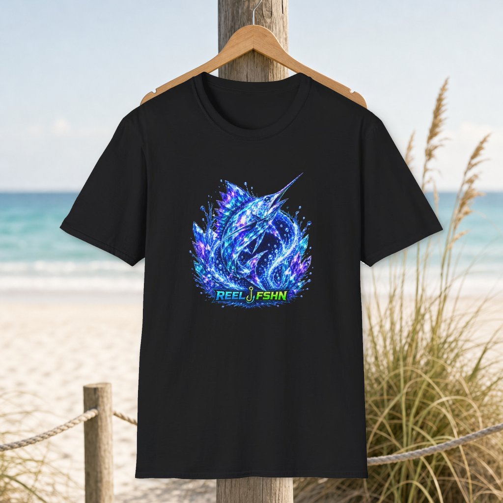 Crystal Marlin T-Shirt on a hanger beside a sandy beach and turquoise coastal water