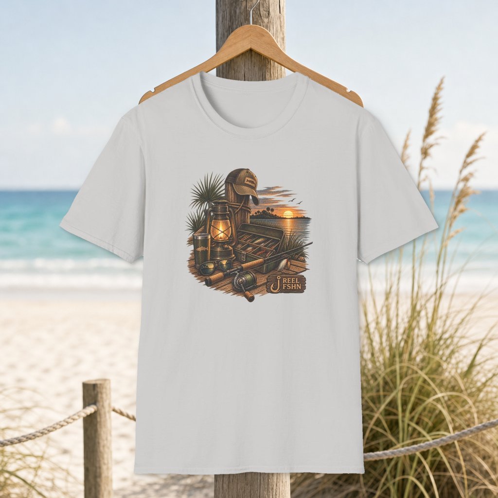 Dock At Sunset T-Shirt on a hanger beside a sandy beach and turquoise coastal water
