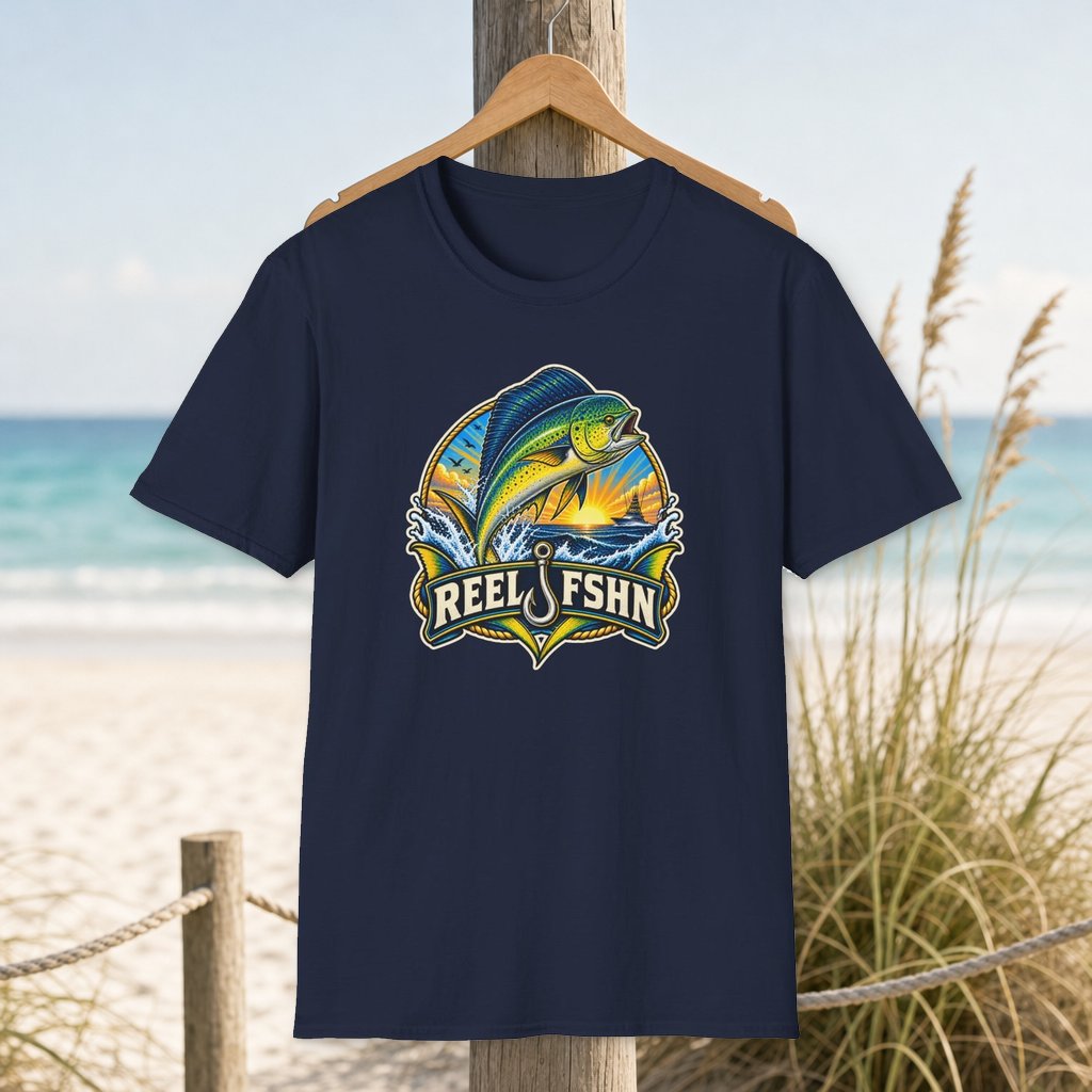 Dorado Sunrise Badge T-Shirt on a hanger beside a sandy beach and turquoise coastal water