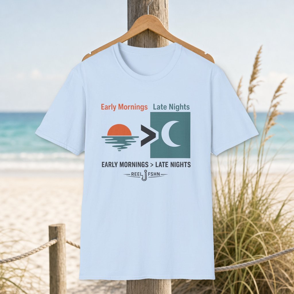 Early Mornings > Late Nights T-Shirt on a hanger beside a sandy beach and turquoise coastal water