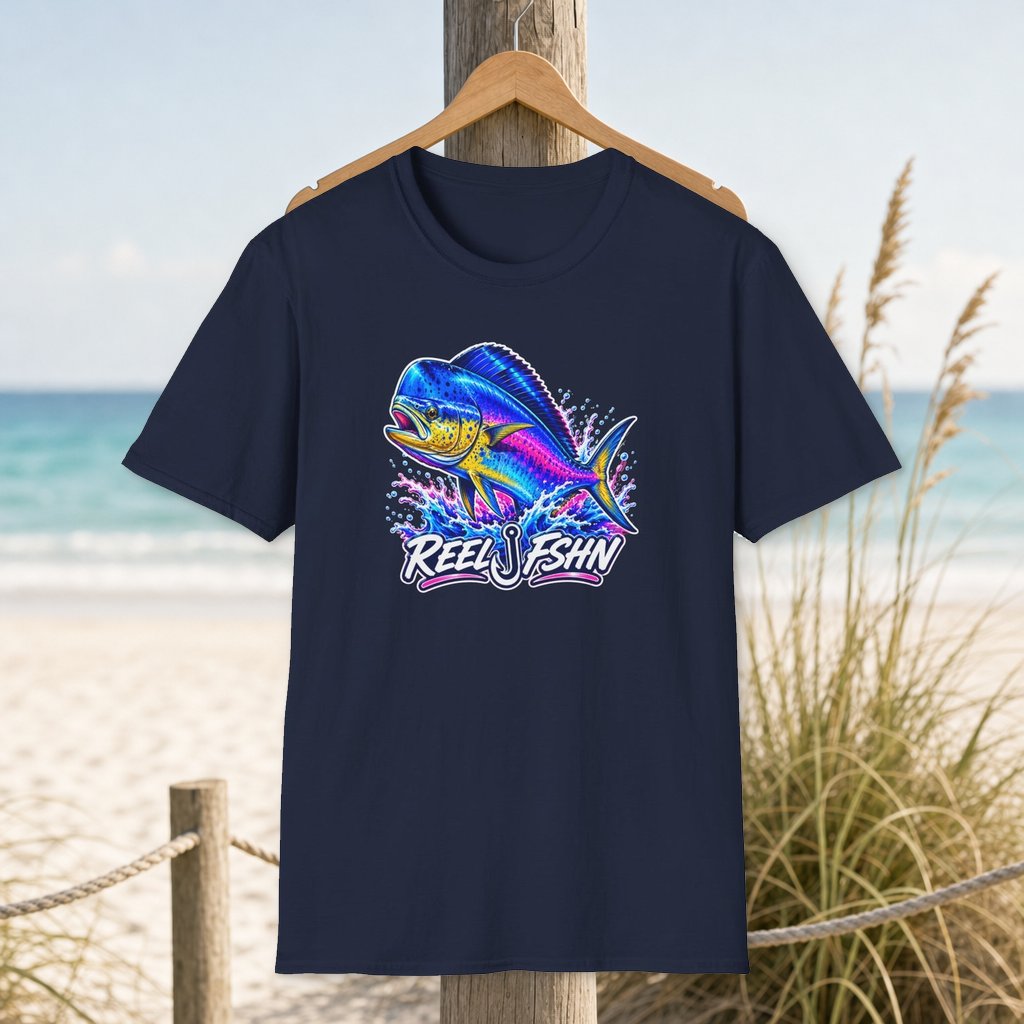 Electric Blue Dorado T-Shirt on a hanger beside a sandy beach and turquoise coastal water