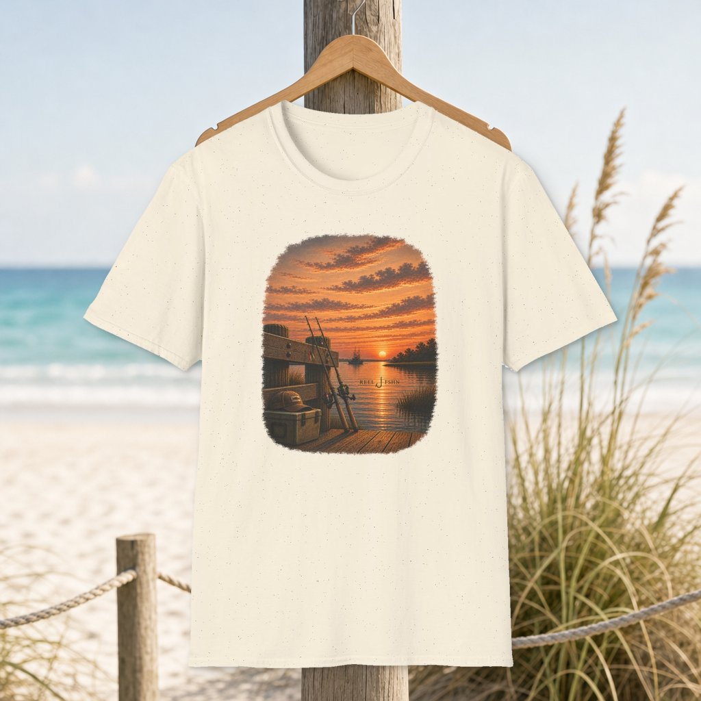 Evening Dock Scene T-Shirt on a hanger beside a sandy beach and turquoise coastal water
