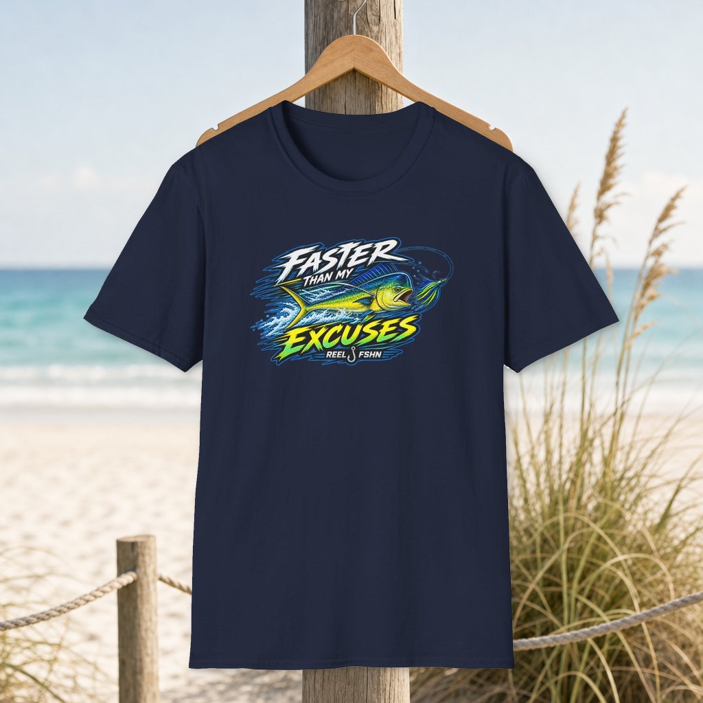 Faster Than My Excuses T-Shirt on a hanger beside a sandy beach and turquoise coastal water
